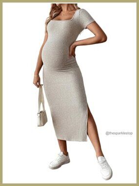 SHENHE Women's Maternity Ribbed Bodycon Slit Dress Square Neck Short Sleeve
